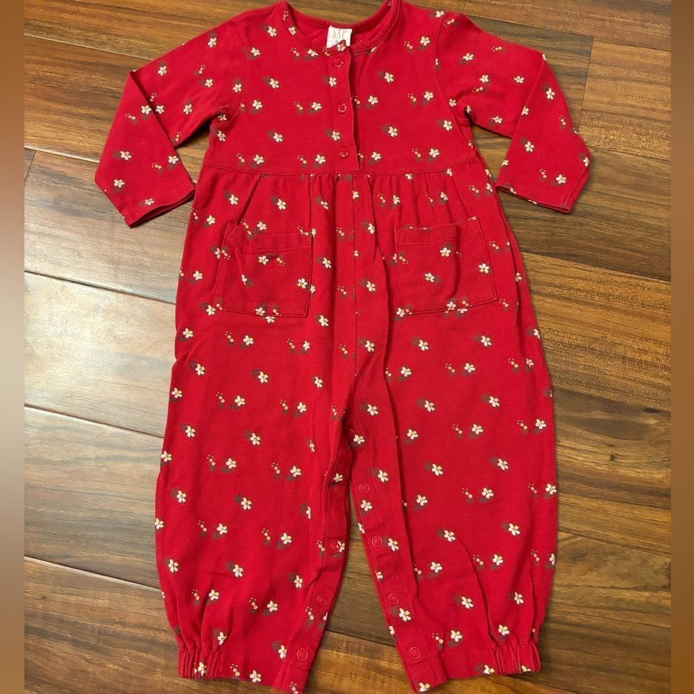 Baby Gap vintage red floral long sleeve jumpsuit romper